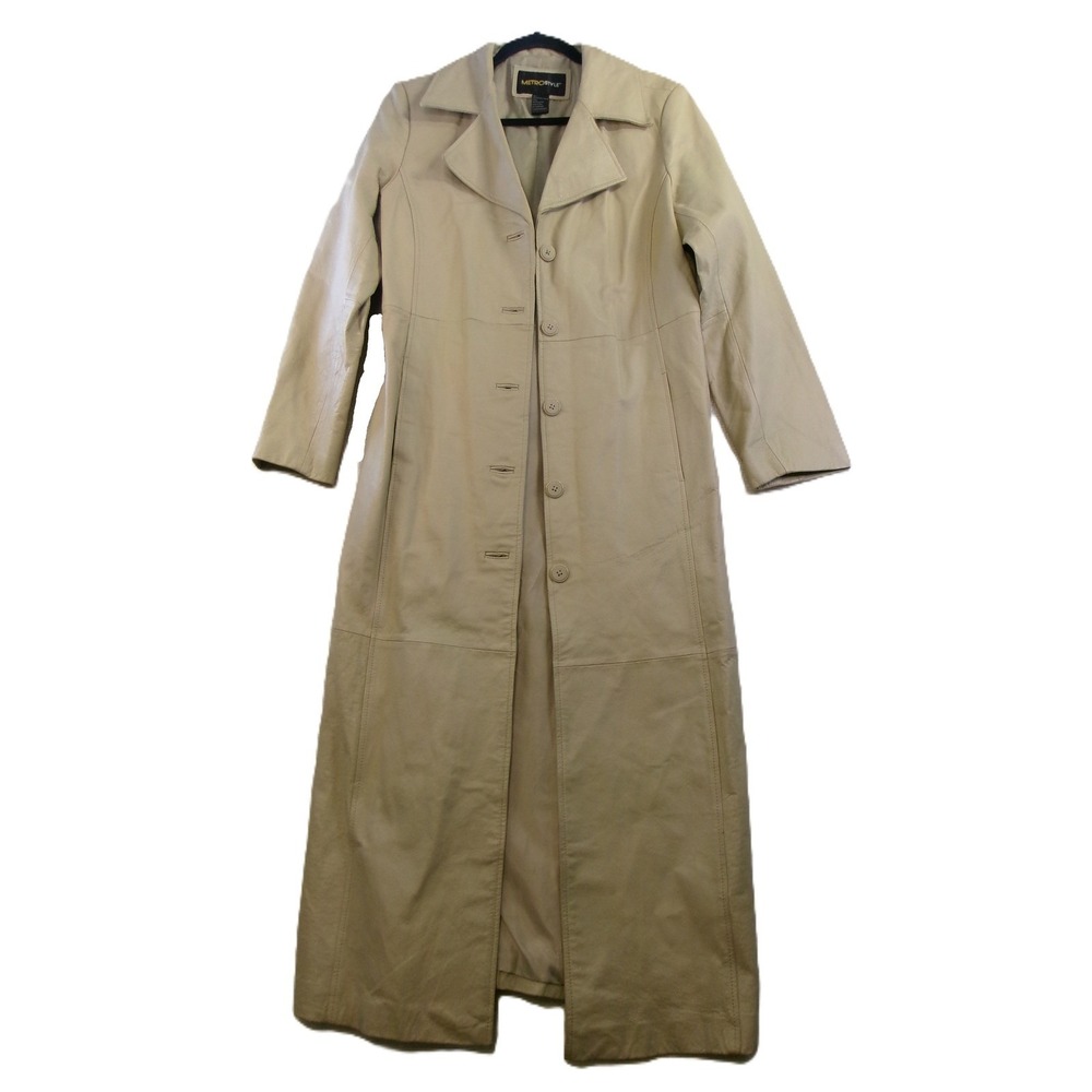 Metrostyle Leather Duster Coat Womens M Beige Longline Trench